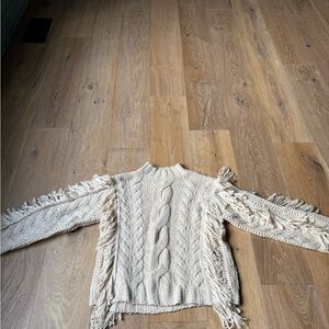 525 America Cream Cable Knit Fringed Sweater
